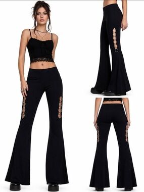 Clovis Black Stretch Flare Pants with Silver Ring Sides — Size M